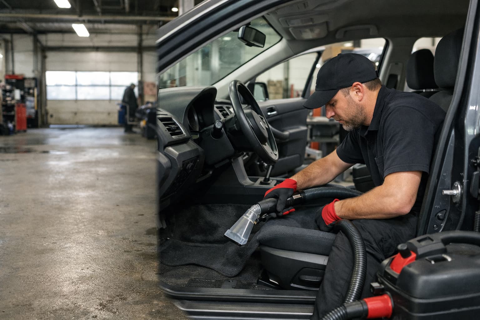Detailer cleaning the interior of a commuter SUV with a hot-water extractor in an Etobicoke auto detailing shop.