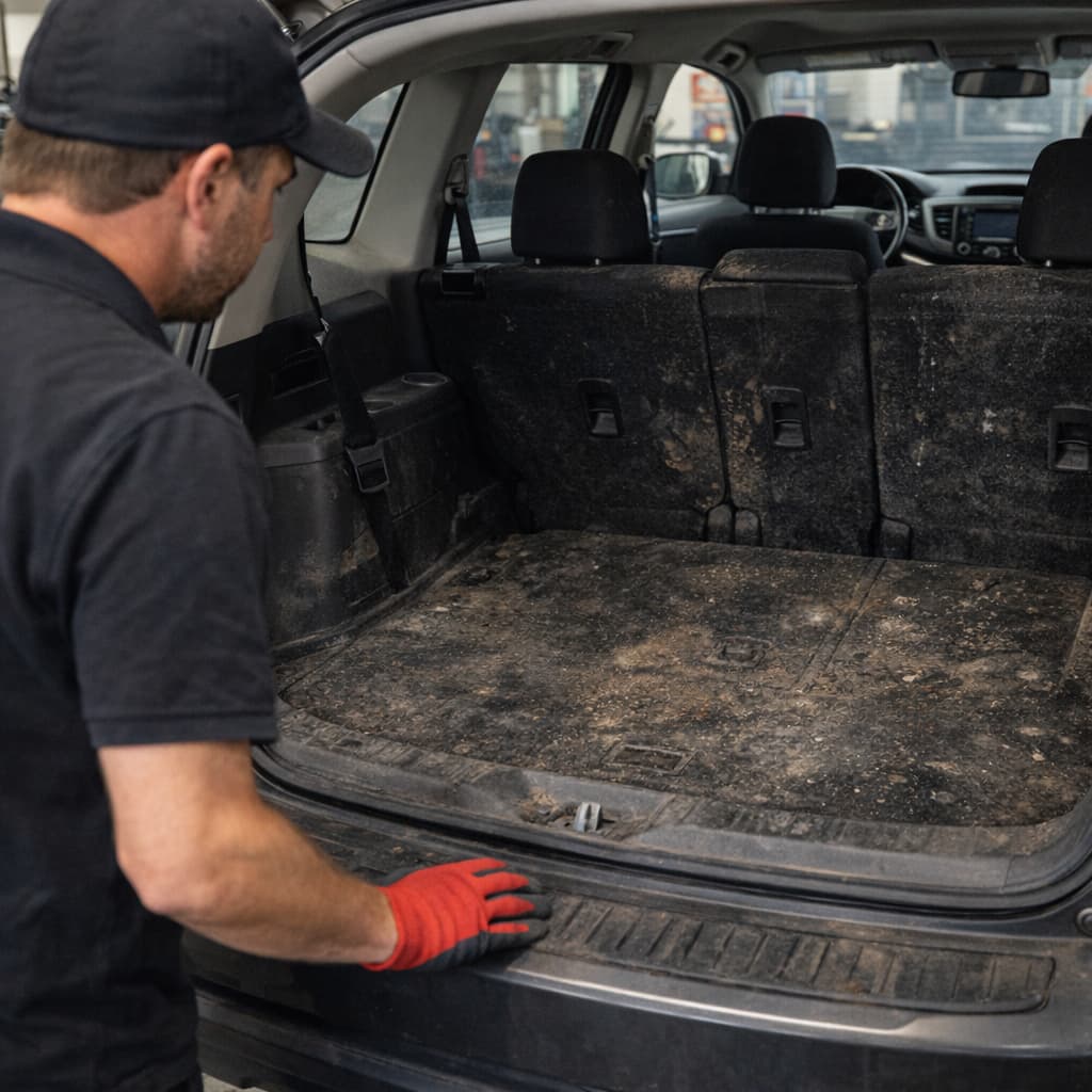 Technician inspecting the interior condition of a large SUV before quoting a detailing job.