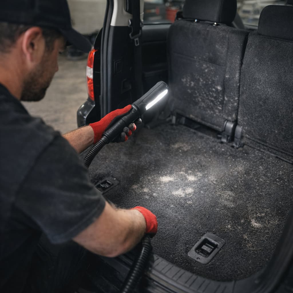 Staff member inspecting seat stains and floor mats before a car detail begins.