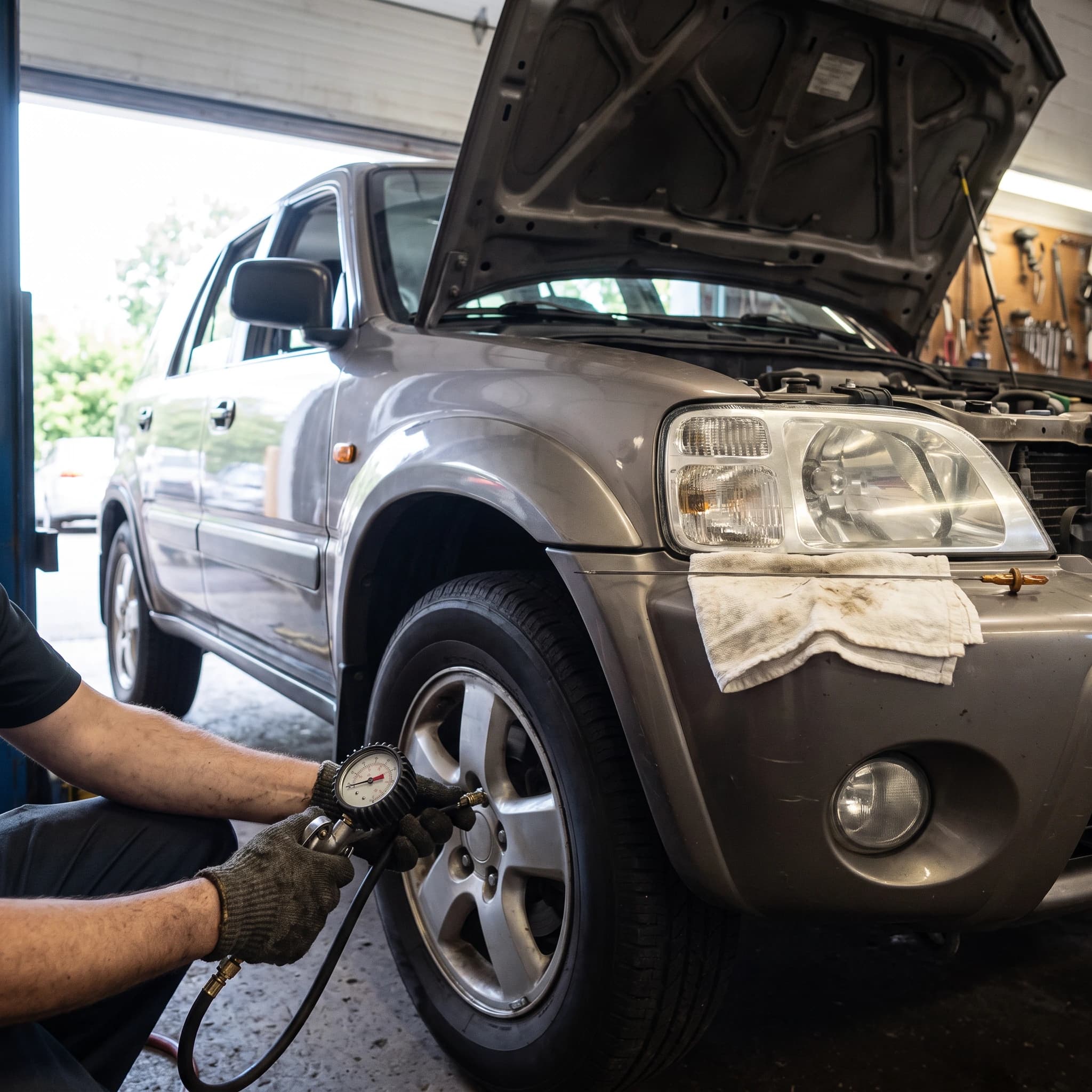 Technician setting tire pressure to door-jamb spec as part of the multi-point check included with an oil change