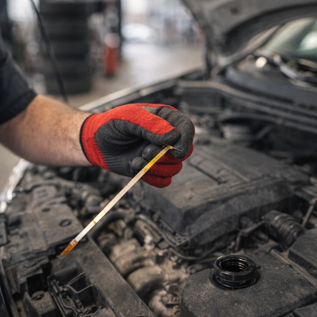 Mechanic checking engine oil on a dipstick after an oil change.