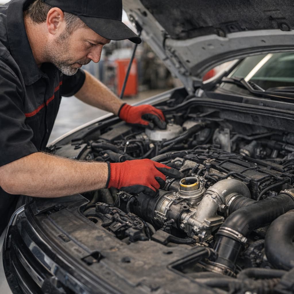 Mechanic inspecting a turbocharged engine bay before choosing engine oil.