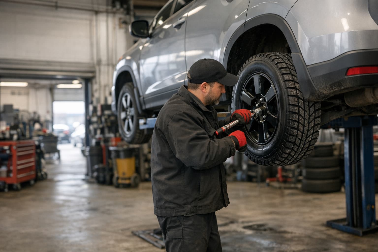 Technician installing a winter wheel on an SUV during a seasonal tire change in a Toronto-area shop.